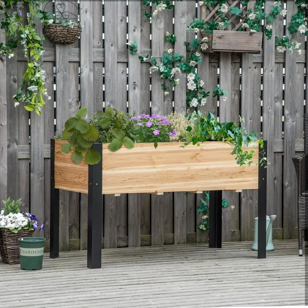 Hochbeet Pflanzkasten Blumenkasten Blumentopf Kräuterbeet mit Vliesstoff Massivholz Stahl Natur+Schwarz 120 x 60 x 74 cm