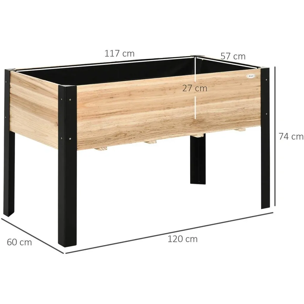 Hochbeet Pflanzkasten Blumenkasten Blumentopf Kräuterbeet mit Vliesstoff Massivholz Stahl Natur+Schwarz 120 x 60 x 74 cm