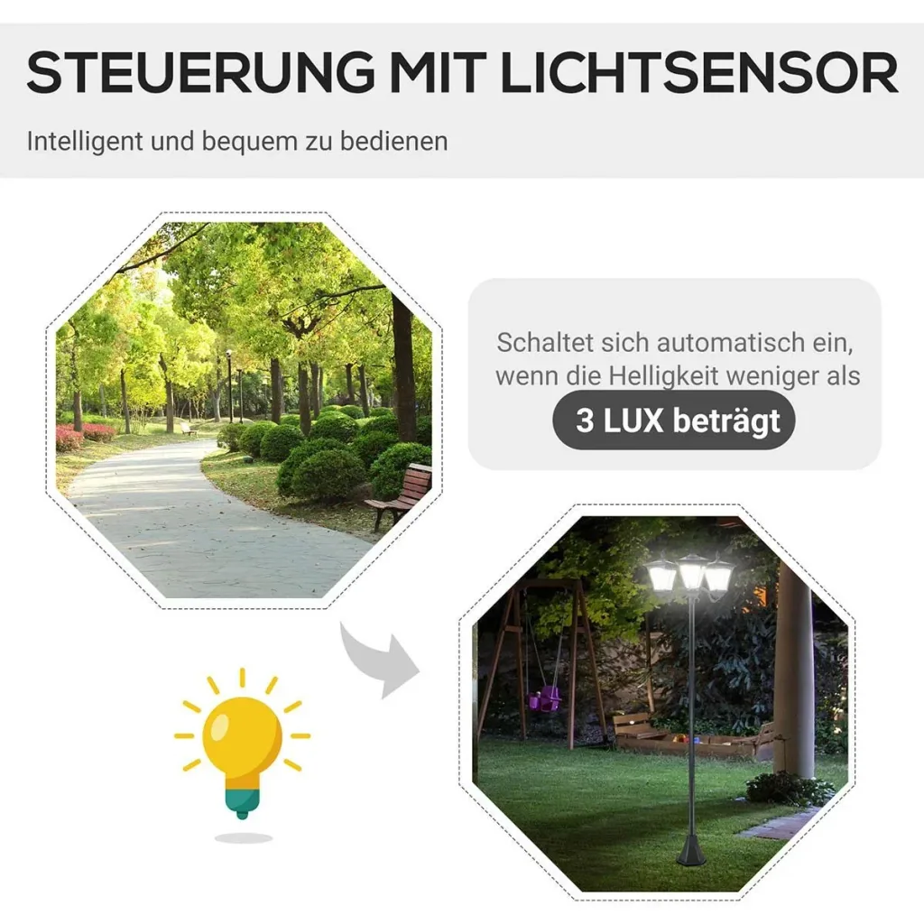 Solar Gartenlaterne mit 3 flammig Laterne Solarlaterne Wegleuchte mit LED 120 Lumen IP44 201 Edelstahl Schwarz 51,5 x 47