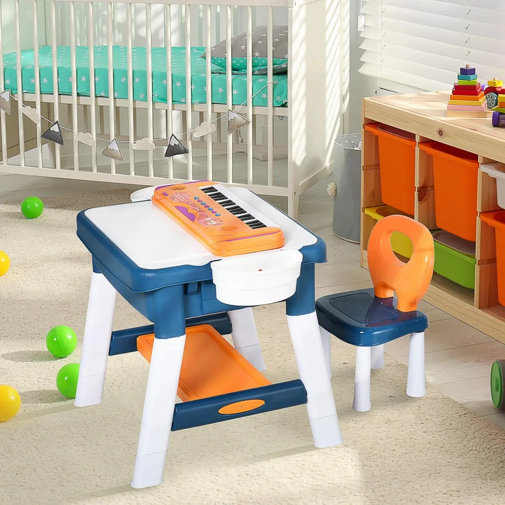 2-in-1 Kinderspieltisch mit Keyboard und Bausteinen