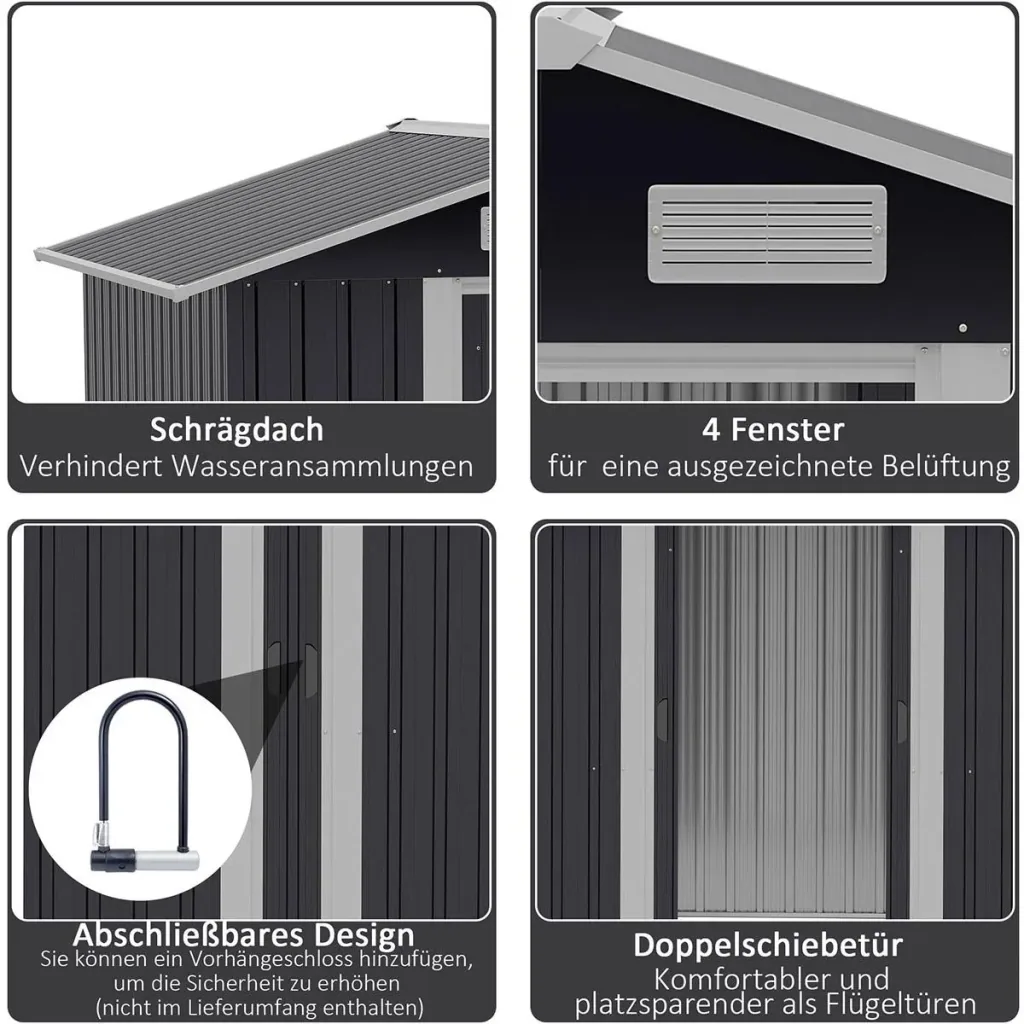 Gerätehaus mit 2 Schiebetüren Metall Gartenhaus 2,6 m² Geräteschuppen verzinkter Stahl Dunkelgrau 195,5 x 153 x 188 cm