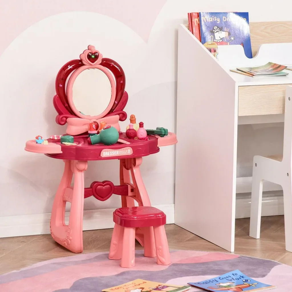 Kinderschminktisch mit Spiegel Hocker Frisiertisch mit reichhaltigem Zubehör 5 Musikstücke Licht für Mädchen ab 3 Jahre