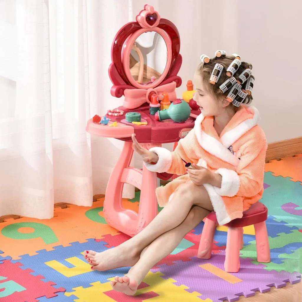 Kinderschminktisch mit Spiegel Hocker Frisiertisch mit reichhaltigem Zubehör 5 Musikstücke Licht für Mädchen ab 3 Jahre