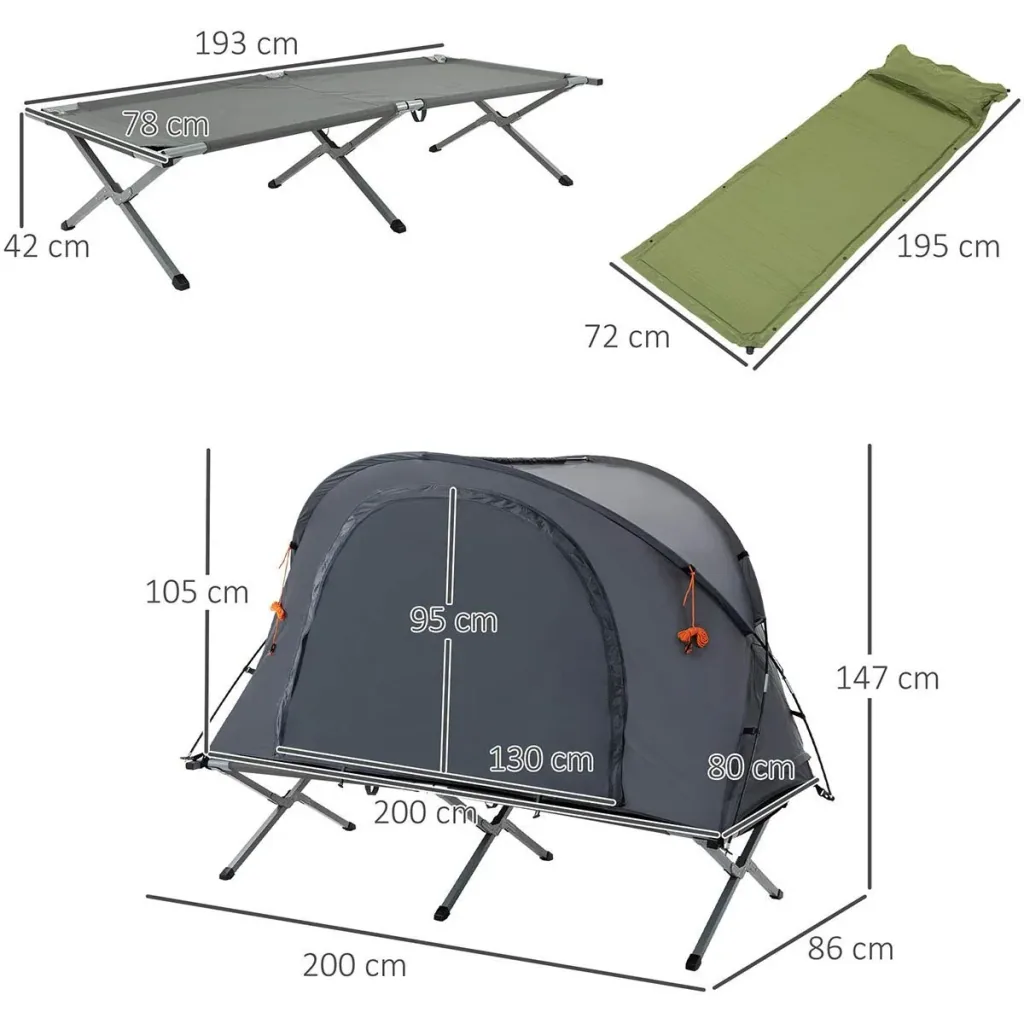 Campingzelt 1 Personen - inkl. Bett und Matratze - Grau - 200 x 86 x 147 cm