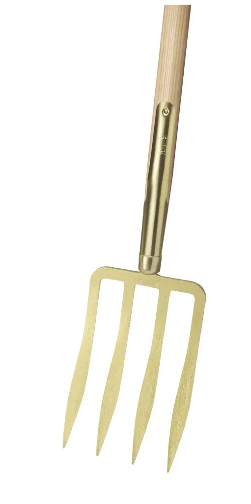 Spatengabel, leicht, 4 Lanzenzinken, goldfarben lackiert, Schienenzwinge, Eschen-T-Stiel 85 cm