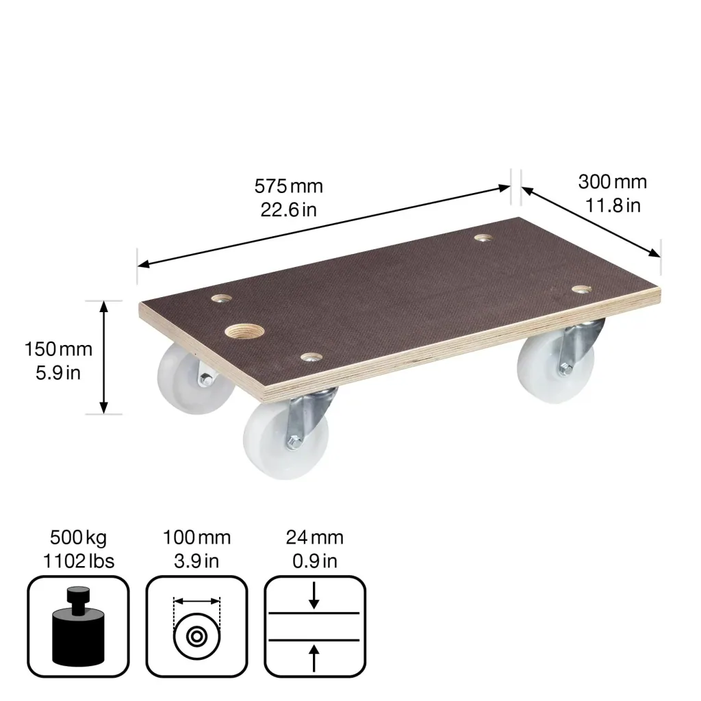 Transporthilfe MM 1143, 57,5 x 30 x 15 cm, harte Rollen Ø 100 mm, Rollenlager, Platte Maxigrip FSC®, Tragkraft 500 kg