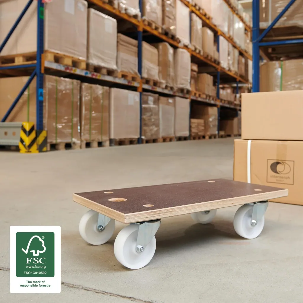 Transporthilfe MM 1143, 57,5 x 30 x 15 cm, harte Rollen Ø 100 mm, Rollenlager, Platte Maxigrip FSC®, Tragkraft 500 kg