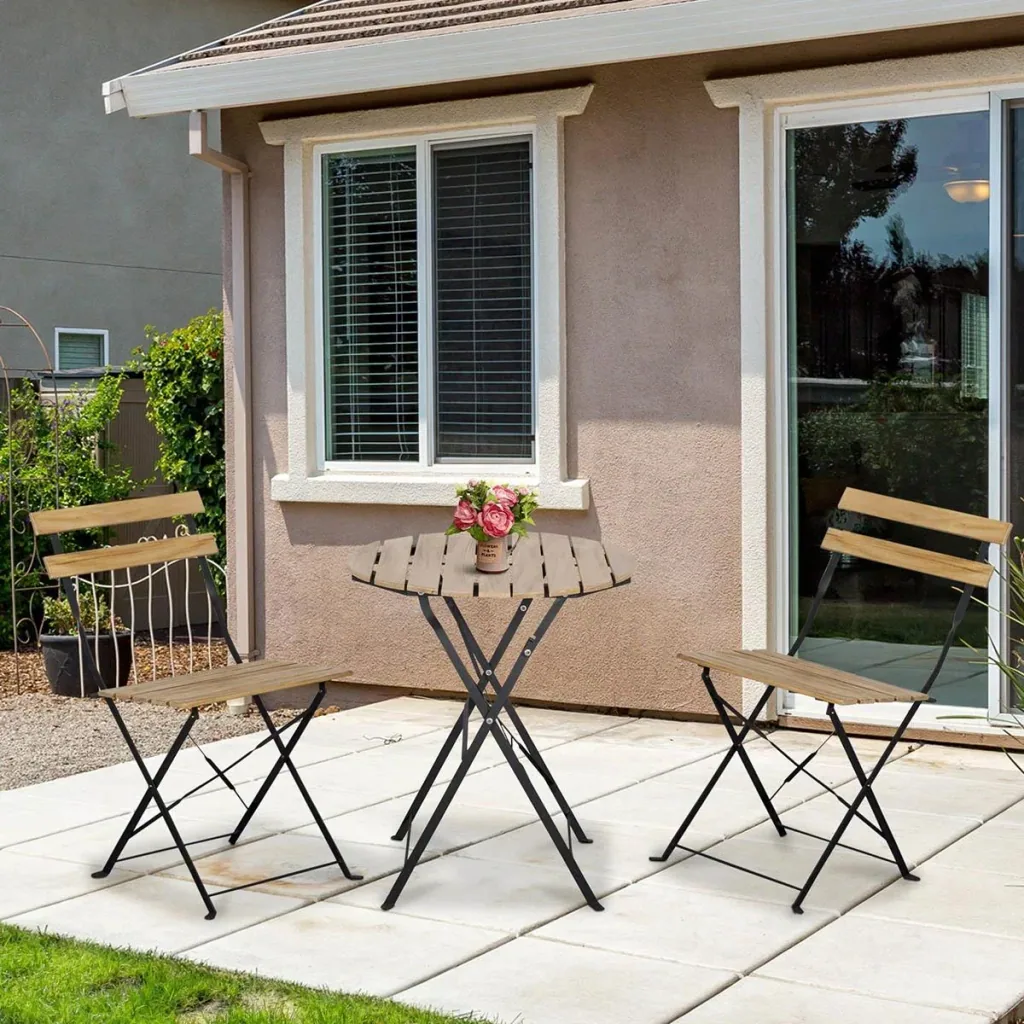 3-teiliges Bistro-Set, zusammenklappbar, Massivholz + Stahlrahmen, naturfarben