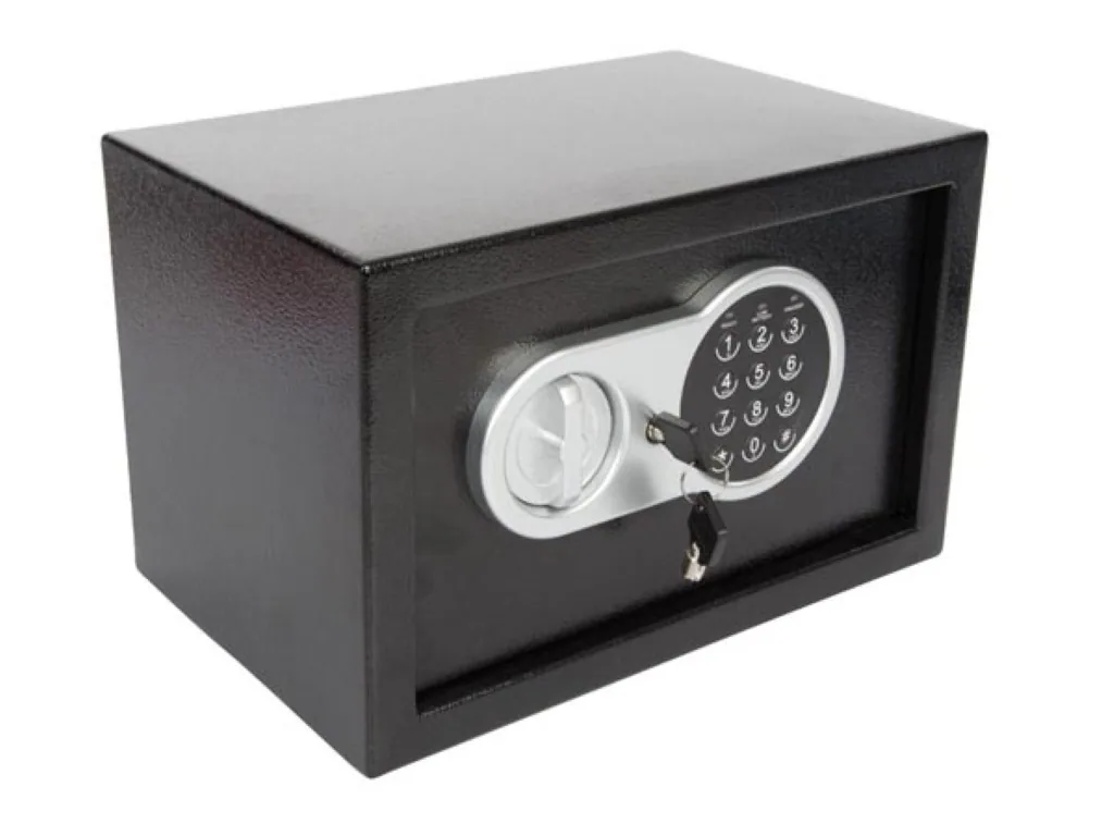 Elektronischer Tresor mit digitalem Code und Notfallschlüssel, geräumiger Stahltresor für Geld mit weichem Innenraum, sicherer Mini-Tresor für Schmuck, Dokumente und Bargeld, 20x31x20 cm