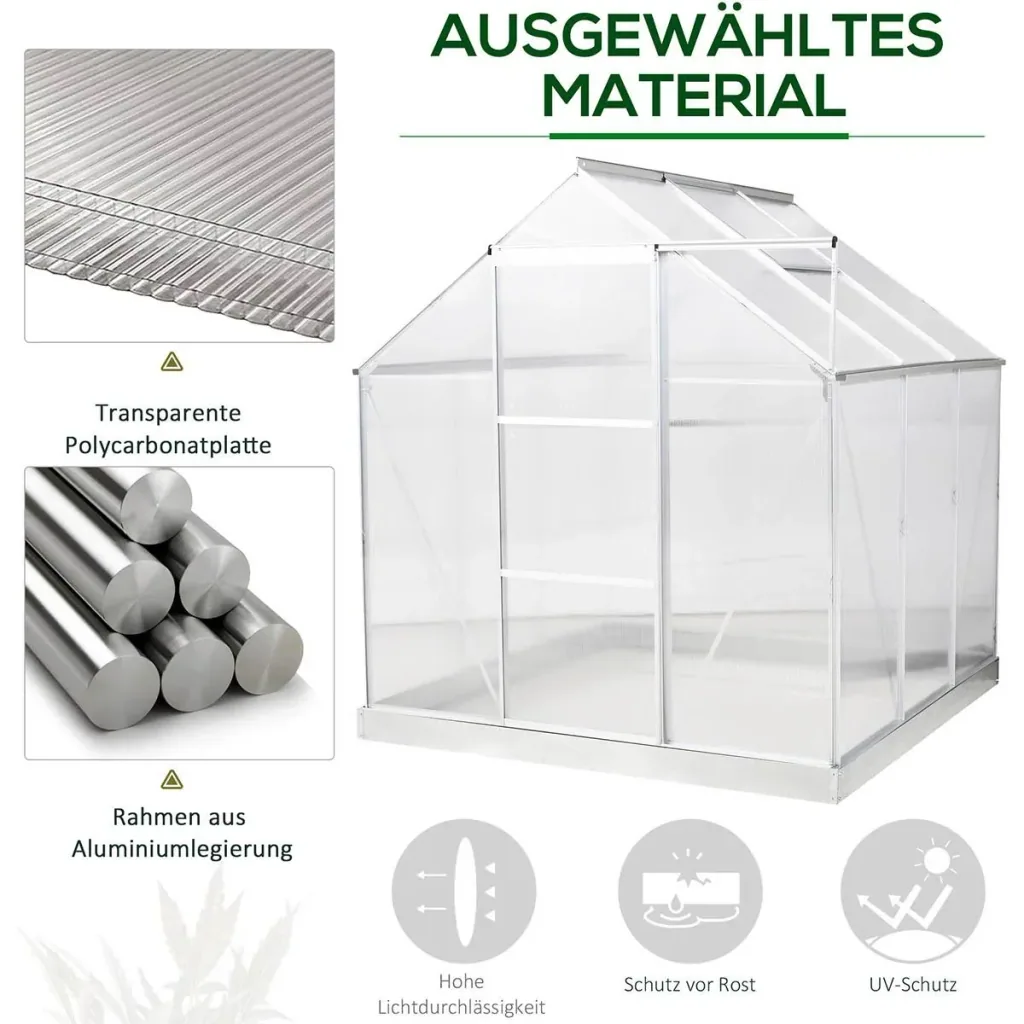 Aluminium Gewächshaus Gartenhaus mit Fenster Tür 193 x 187 x 205 cm 3,6 Pflanzenhaus inkl. Fundament Treibhaus Tomatenh