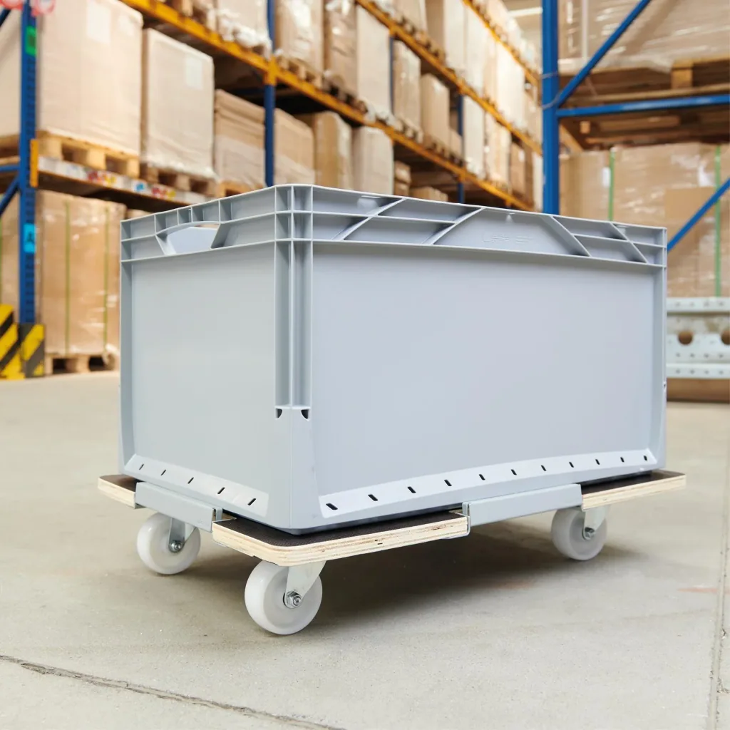 Transporthilfe MM 1381, 63 x 43 x 11 cm, harte Rollen Ø 75 mm, Rollenlager, Sicherung, Platte FSC®, Tragkraft 250 kg