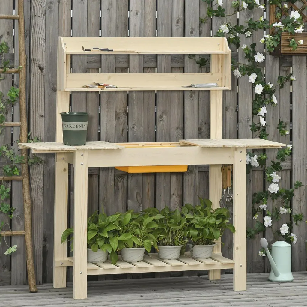 Pflanztisch mit Haken Gärtnertisch Blumentisch aus Tannenholz Kunststoff für Garten Terrasse verstellbare Arbeitsfläche