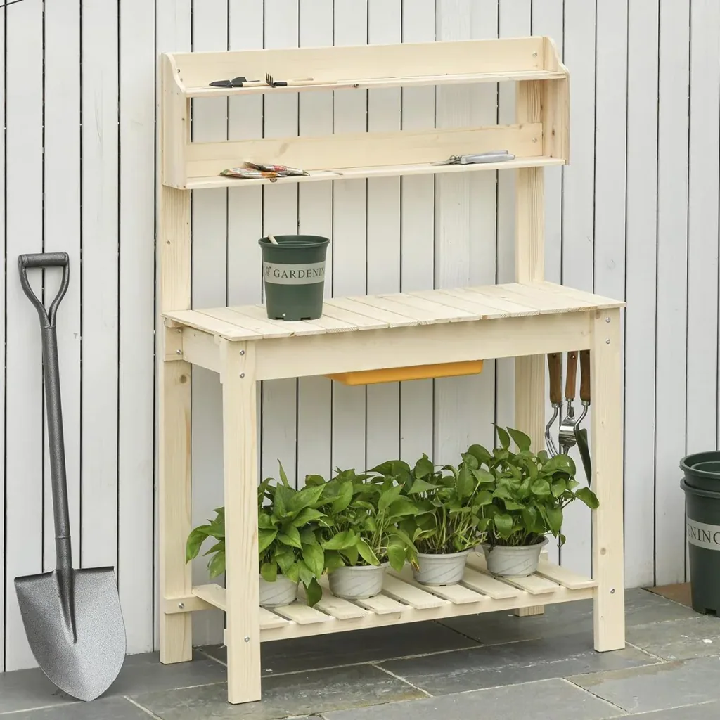 Pflanztisch mit Haken Gärtnertisch Blumentisch aus Tannenholz Kunststoff für Garten Terrasse verstellbare Arbeitsfläche