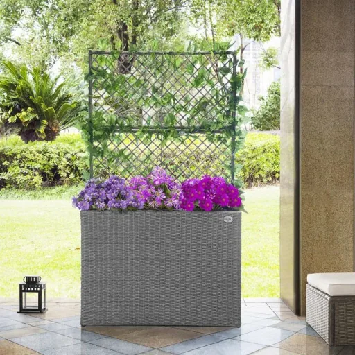 Polyrattan Pflanzgefäß mit Spalier grau