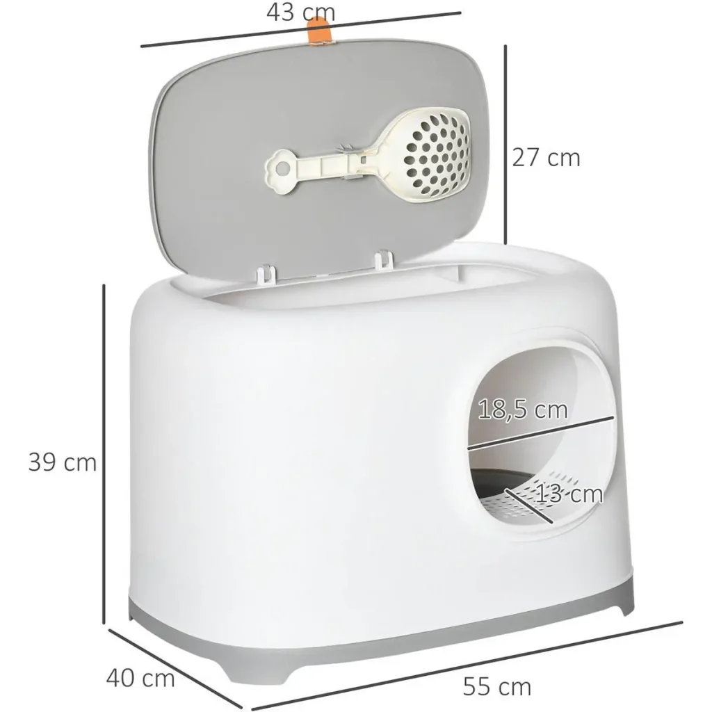 Design Katzentoilette mit Deckel - Netzboden - Weiß - 55 x 40 x 39 cm