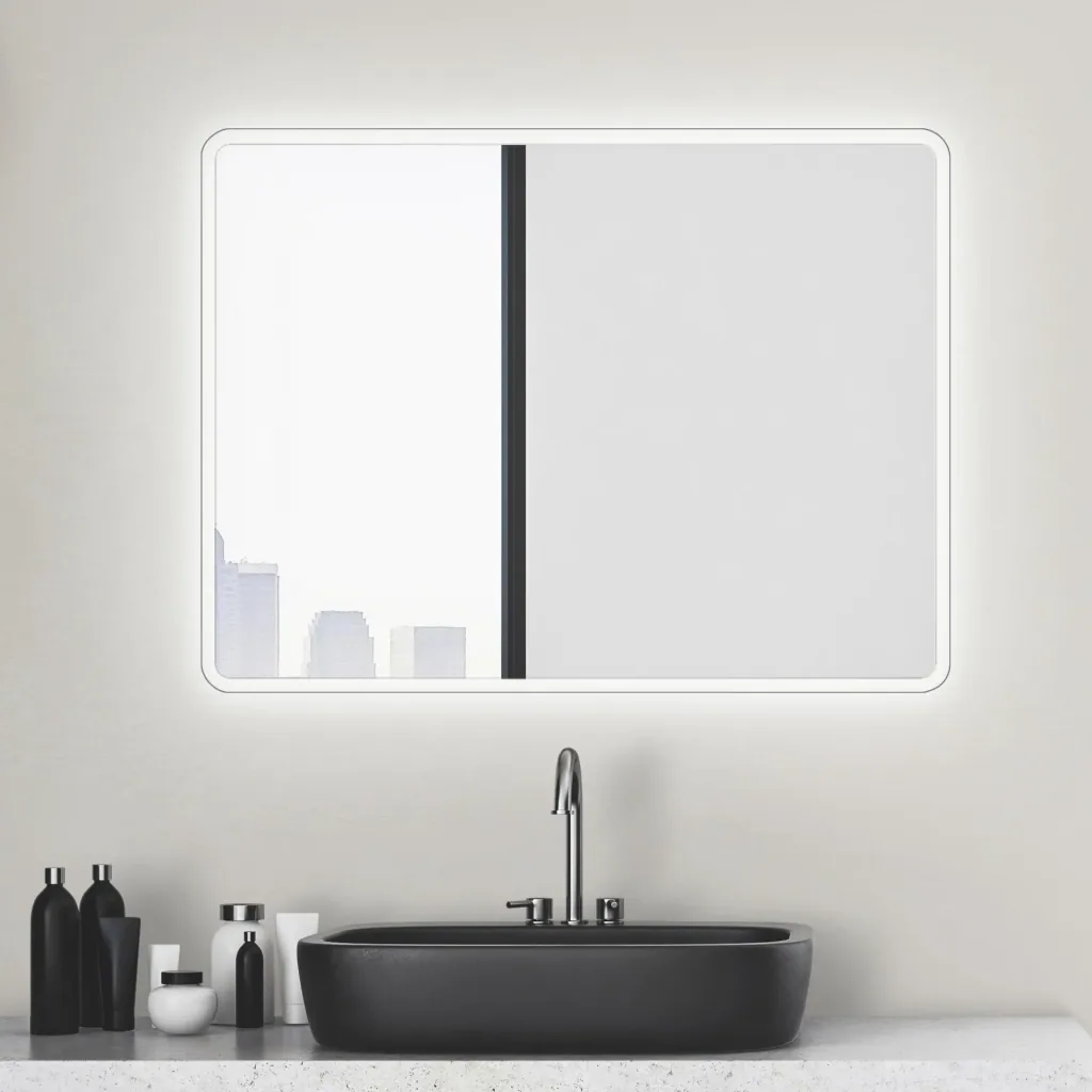 Badezimmerspiegel mit Beleuchtung, "Moon" - 80 x 60 cm - mit umlaufenden Raumlicht - Lichtfarbe neutralweiß