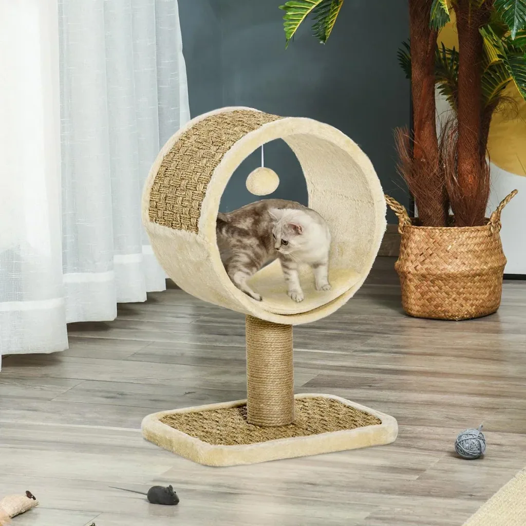 Katzenkratzbaum Katzenspielzeug Kletterbaum Spanplatte Jute Seegras samtartiges Polyester Khaki+Hellbraun
