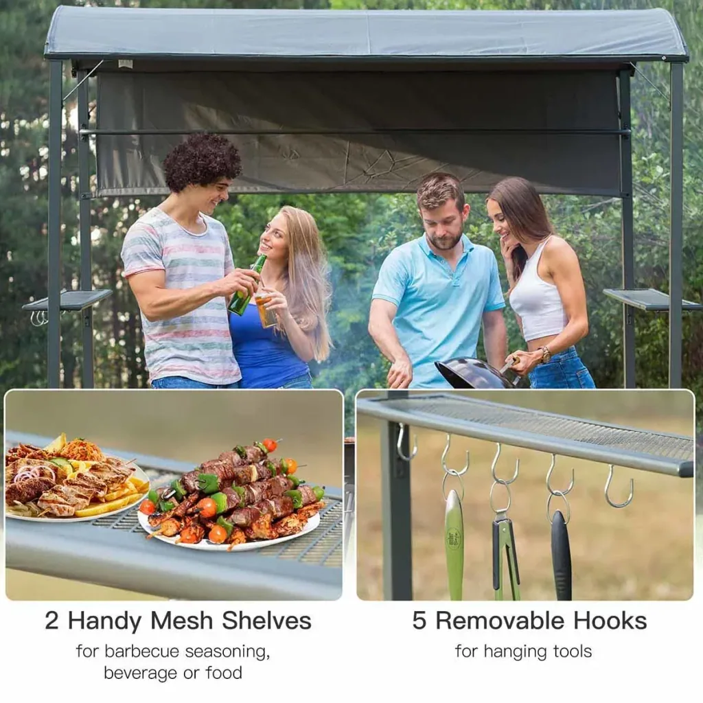 Grillpavillon mit Flammschutzdach, BBQ-Pavillon mit 2 Ablagen, Polyester, Schwarz, 218 x 138 x 216 cm