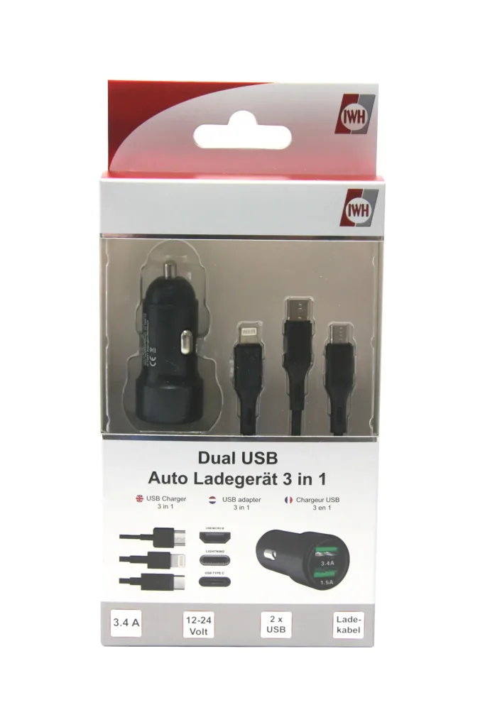 USB-Auto Ladegerät, Dual - 3in1 - 12/24 Volt - 1,5A + 3,4A