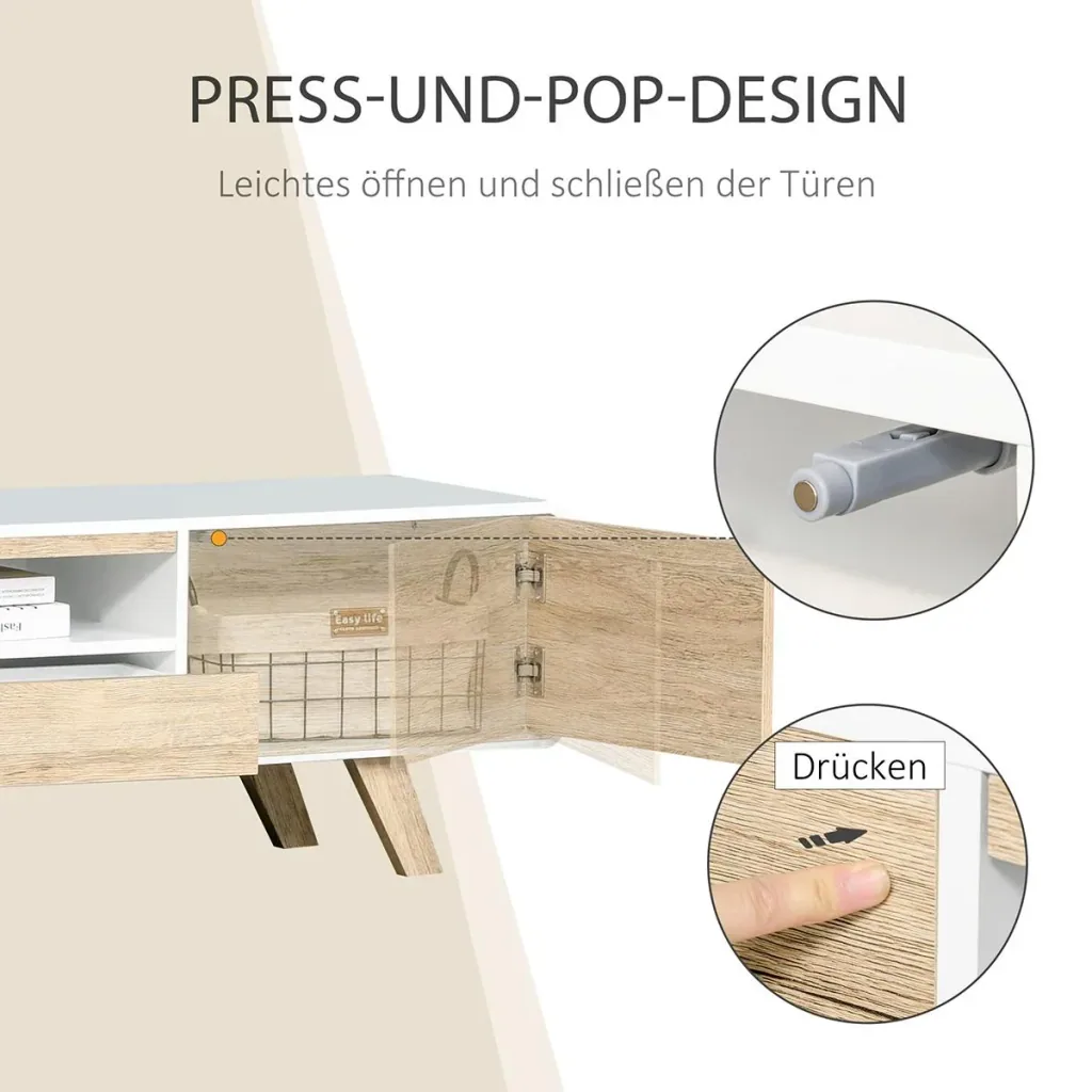 TV Schrank TV Lowboard Kommode für Fernseher kleiner als 60'' mit Push-In-Design Schublade Wohnzimmer MDF Weiß+Natur 160