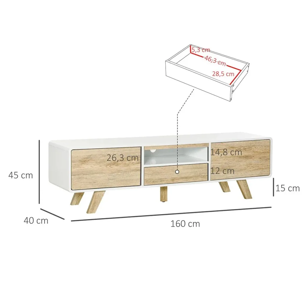 TV Schrank TV Lowboard Kommode für Fernseher kleiner als 60'' mit Push-In-Design Schublade Wohnzimmer MDF Weiß+Natur 160