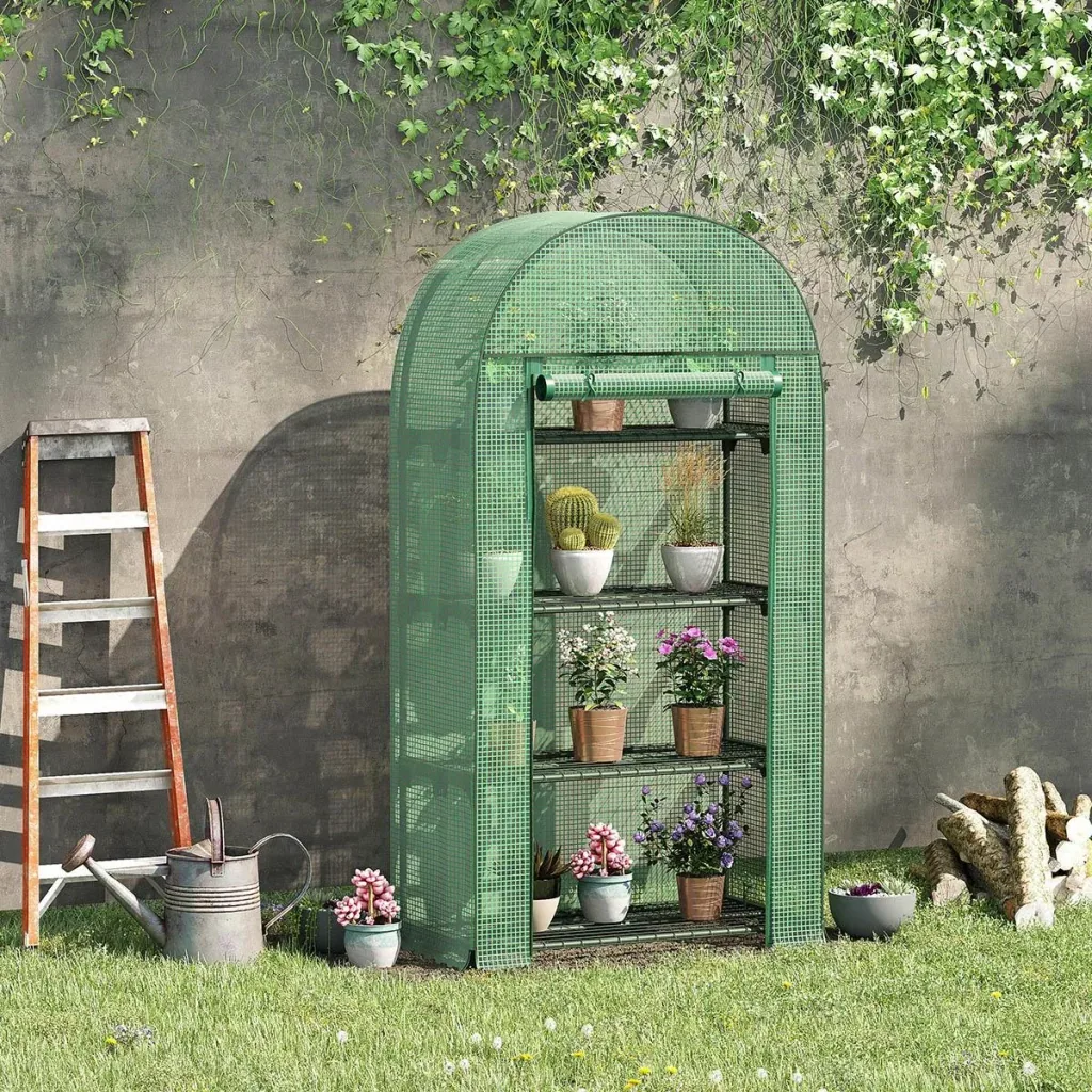 Foliengewächshaus Balkon mit 4 Regalen Mini-Gewächshaus Tomatenhaus Pflanzenhaus Frühbeet Metall grün 80 x 49 x 160 cm