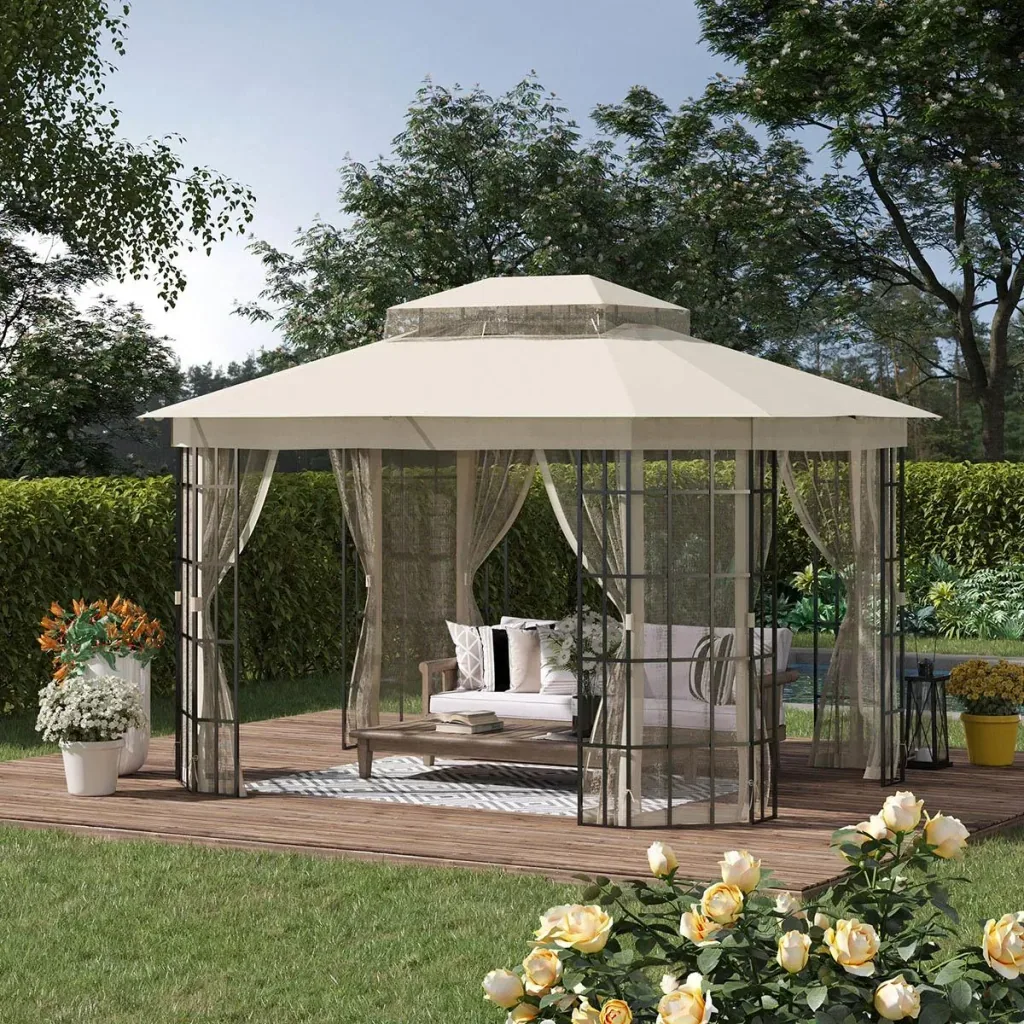 Gartenpavillon 3,65 x 3 m Partyzelt mit 4 x Moskitonetz Atmungsaktives Doppeldach Metall Polyester Schwarz+Beige