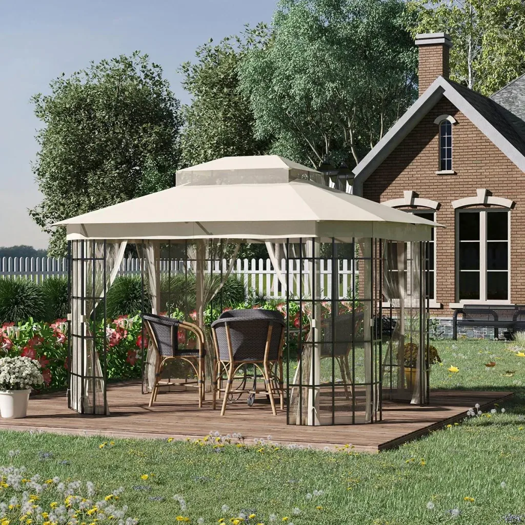 Gartenpavillon 3,65 x 3 m Partyzelt mit 4 x Moskitonetz Atmungsaktives Doppeldach Metall Polyester Schwarz+Beige