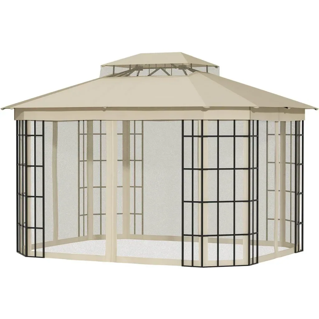 Gartenpavillon 3,65 x 3 m Partyzelt mit 4 x Moskitonetz Atmungsaktives Doppeldach Metall Polyester Schwarz+Beige