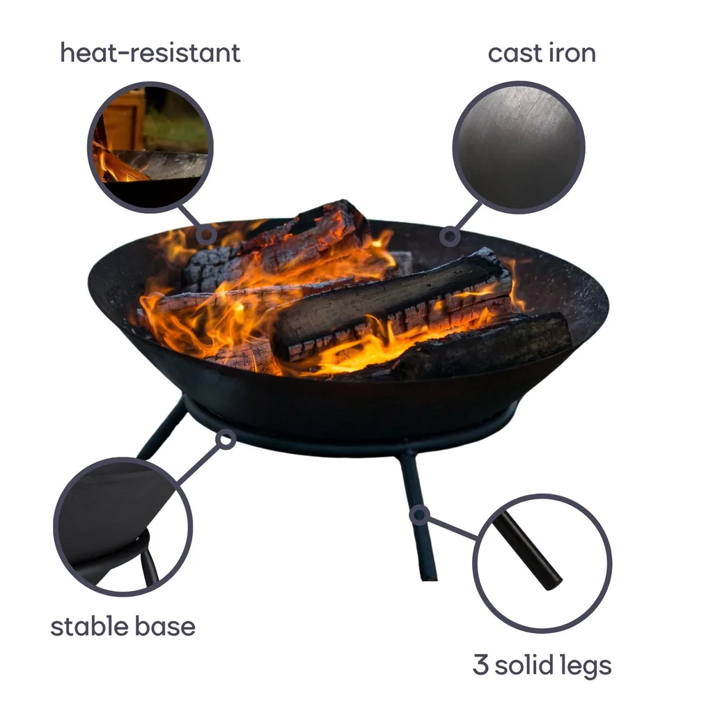 Gusseiserne Feuerschale mit 3-beinigem Ständer, runde Feuerstelle für den Außenbereich Ø56 cm, Höhe 26 cm, schwarzer Gartenheizer für Terrasse oder Balkon, ideal für Holz oder Holzkohle