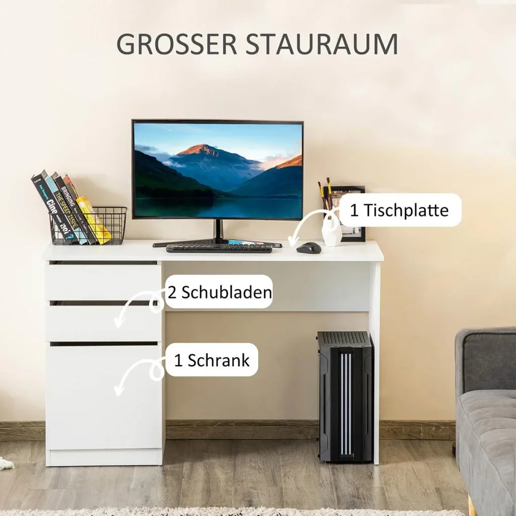 Schreibtisch Computertisch mit 2 Schubladen Schrank Arbeitstisch Bürotisch große Tischplatte modern Weiß 120 x 50 x 75 c