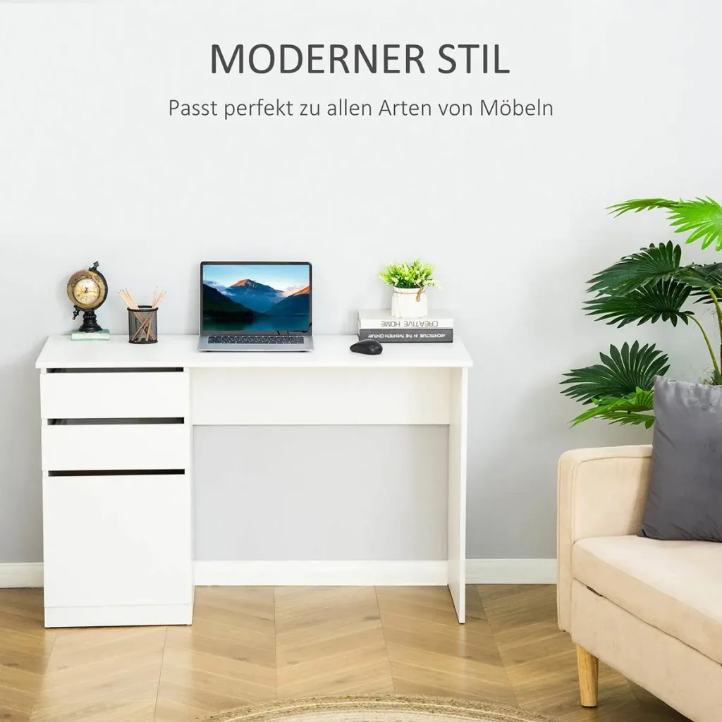 Schreibtisch Computertisch mit 2 Schubladen Schrank Arbeitstisch Bürotisch große Tischplatte modern Weiß 120 x 50 x 75 c