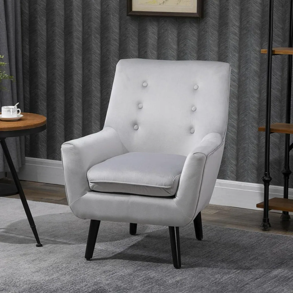 Gepolsterter Sessel Eleganter Retro-Stuhl für Wohnzimmer Schlafzimmer, Polyester, Schaumstoff, Kautschukholz, Grau, 72,5