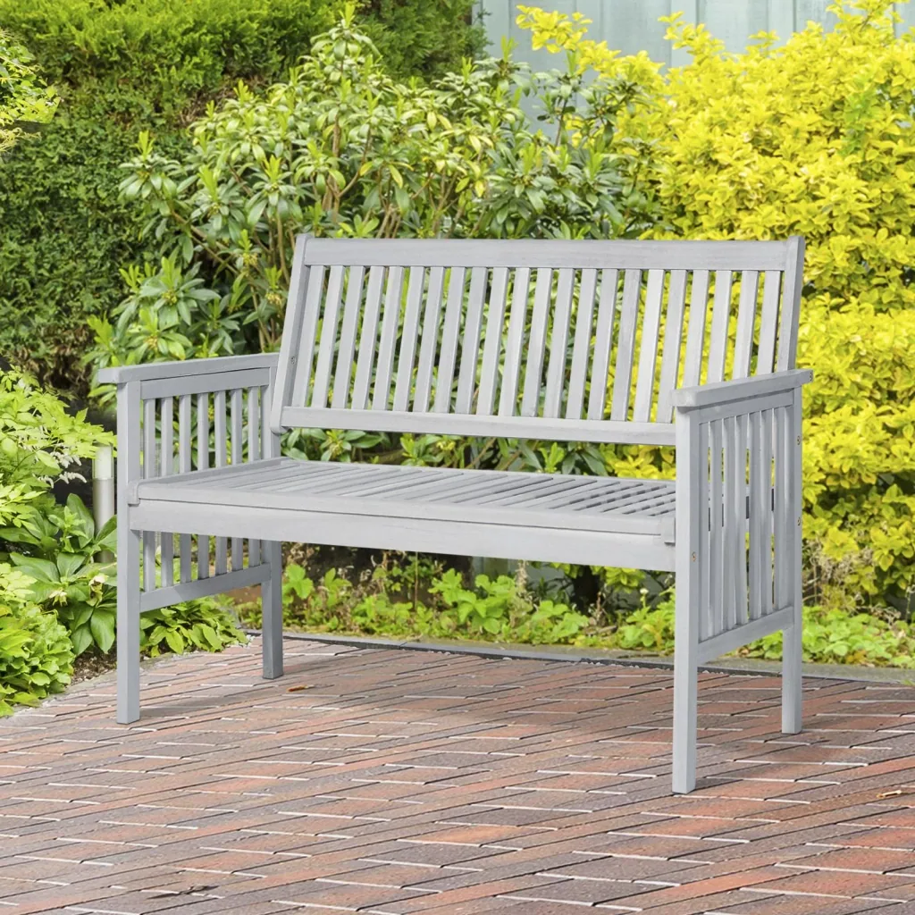 2-Sitzer Sitzbank Gartenbank Holzbank mit Armlehne Landhausstil Akazienholz Grau 117 x 63 x 90 cm