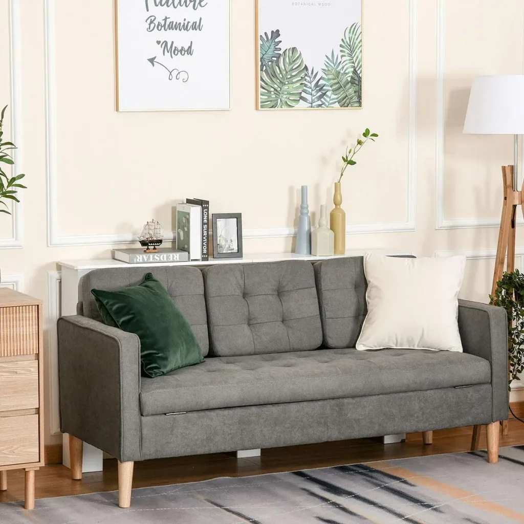 3-Sitzer Sofa Stoffsofa Doppelsofa abnehmbar mit Kissen Gummiholz Baumwoll Grau 166,5 x 62 x 82 cm