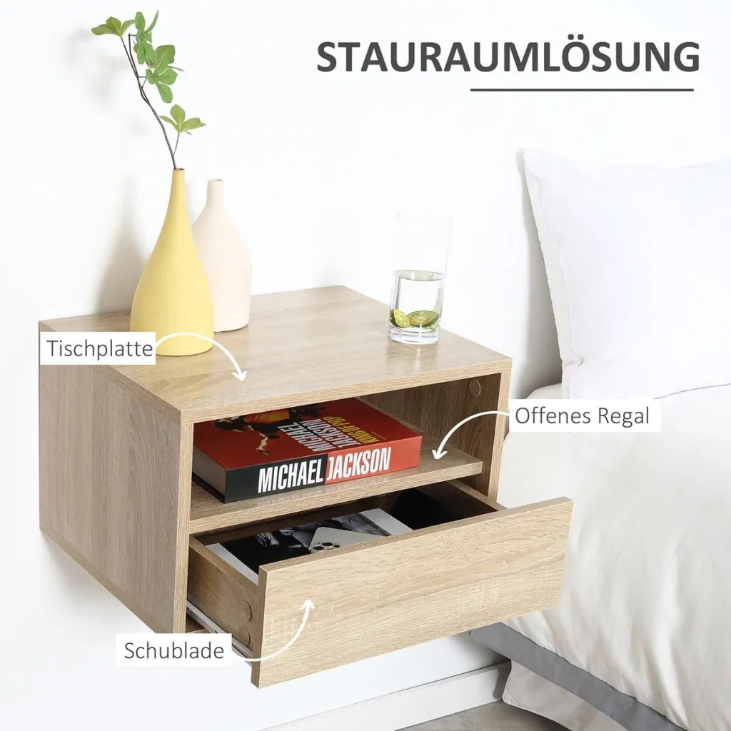 2 tlg. Wandnachttische Nachttisch Hängeschrank mit Schublade Spanplatte Natur 45 x 35 x 27,5 cm