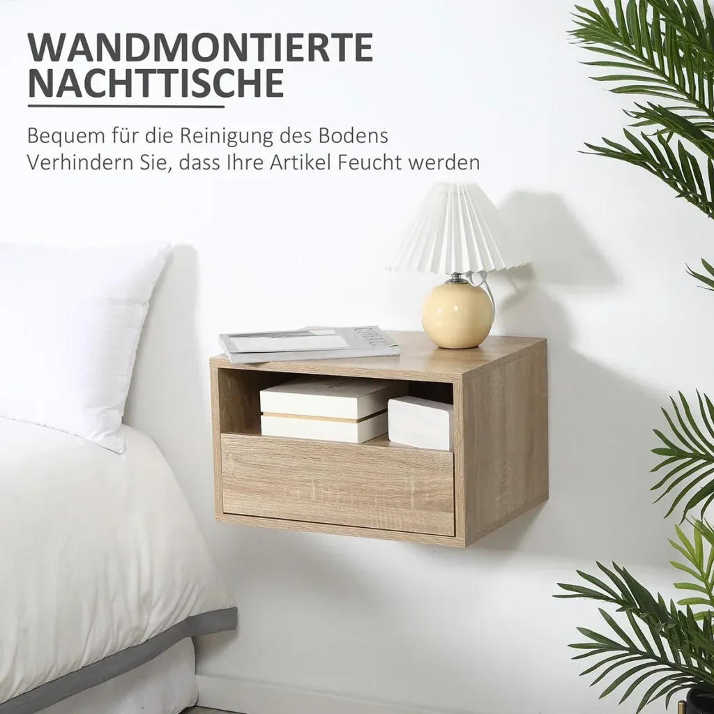 2 tlg. Wandnachttische Nachttisch Hängeschrank mit Schublade Spanplatte Natur 45 x 35 x 27,5 cm