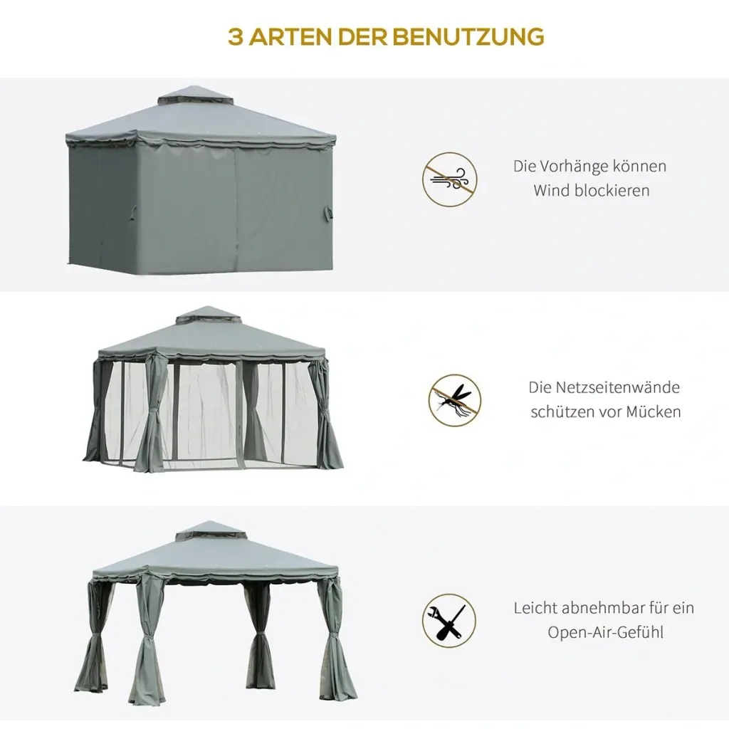 Gartenpavillon Pavillon Gartenzelt Festzelt Partyzelt mit 4 x Seitenwand wetterfest Aluminium Polyester Grau 3 x 3 x 2,7