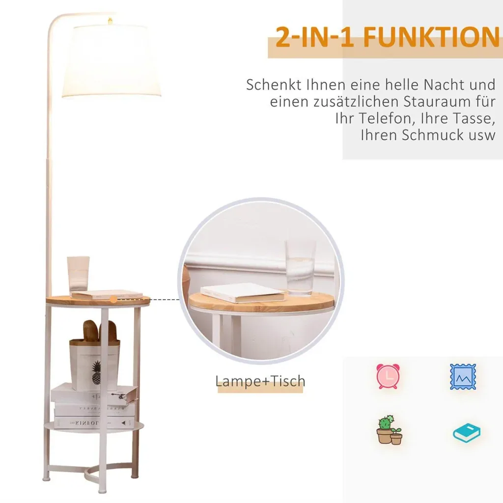 Stehleuchte Stehlampe Beistelltisch mit 2 Regalen Innenbeleuchtung E27 für Wohnzimmer Schlafzimmer Büro Metall MDF Ttery