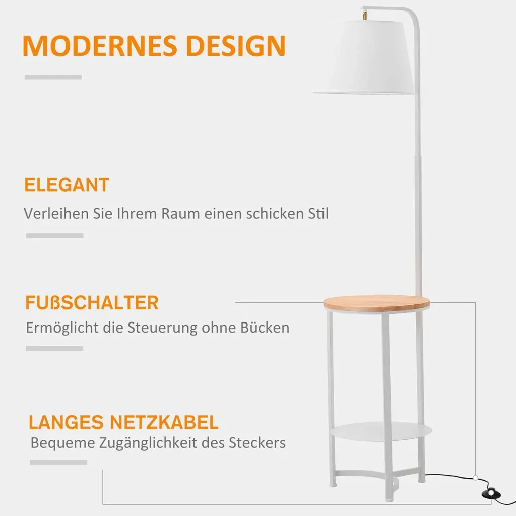 Stehleuchte Stehlampe Beistelltisch mit 2 Regalen Innenbeleuchtung E27 für Wohnzimmer Schlafzimmer Büro Metall MDF Ttery