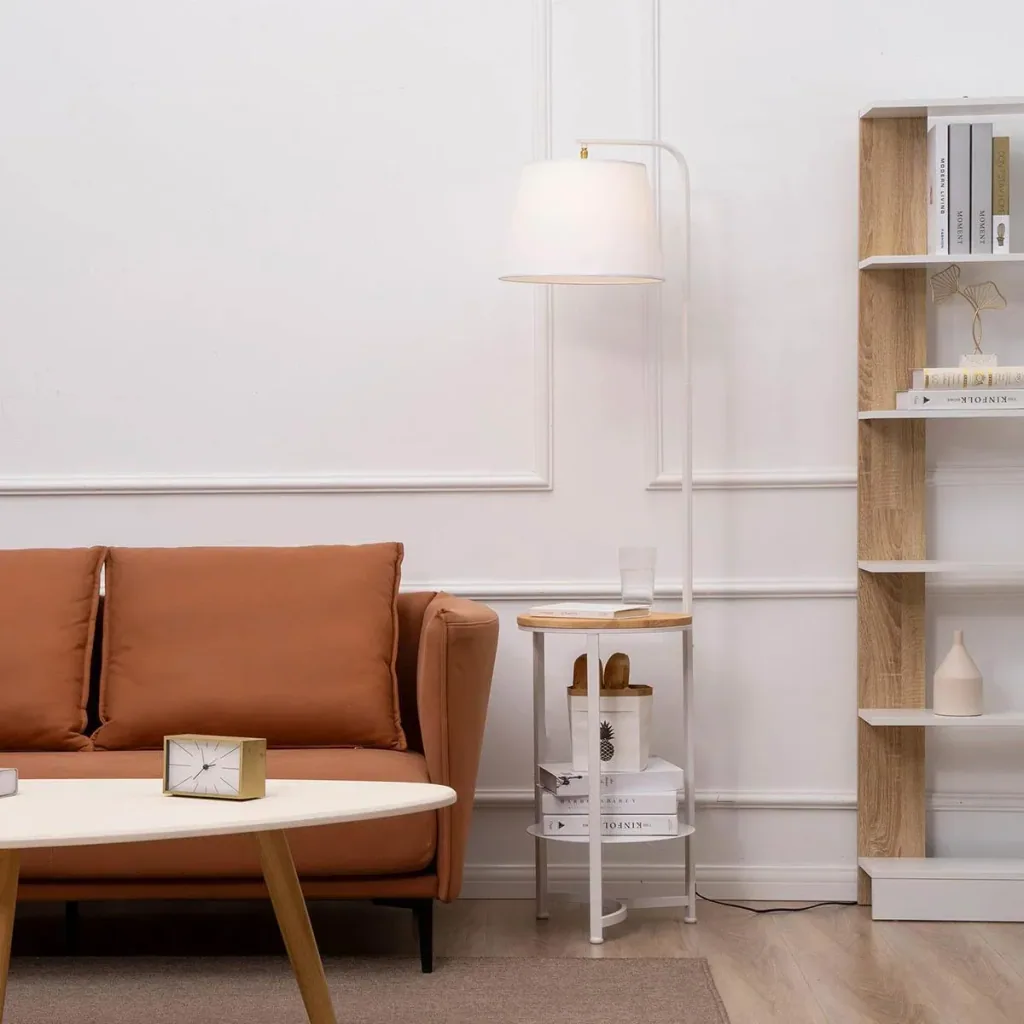 Stehleuchte Stehlampe Beistelltisch mit 2 Regalen Innenbeleuchtung E27 für Wohnzimmer Schlafzimmer Büro Metall MDF Ttery