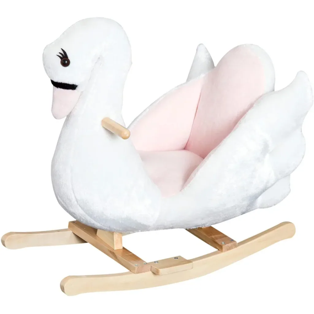 Kinder Schaukelpferd Baby Schaukeltier Schwan mit Musik Spielzeug Haltegriffe ab 18 Monate Plüsch Rosa+Weiß 60x32x55 cm
