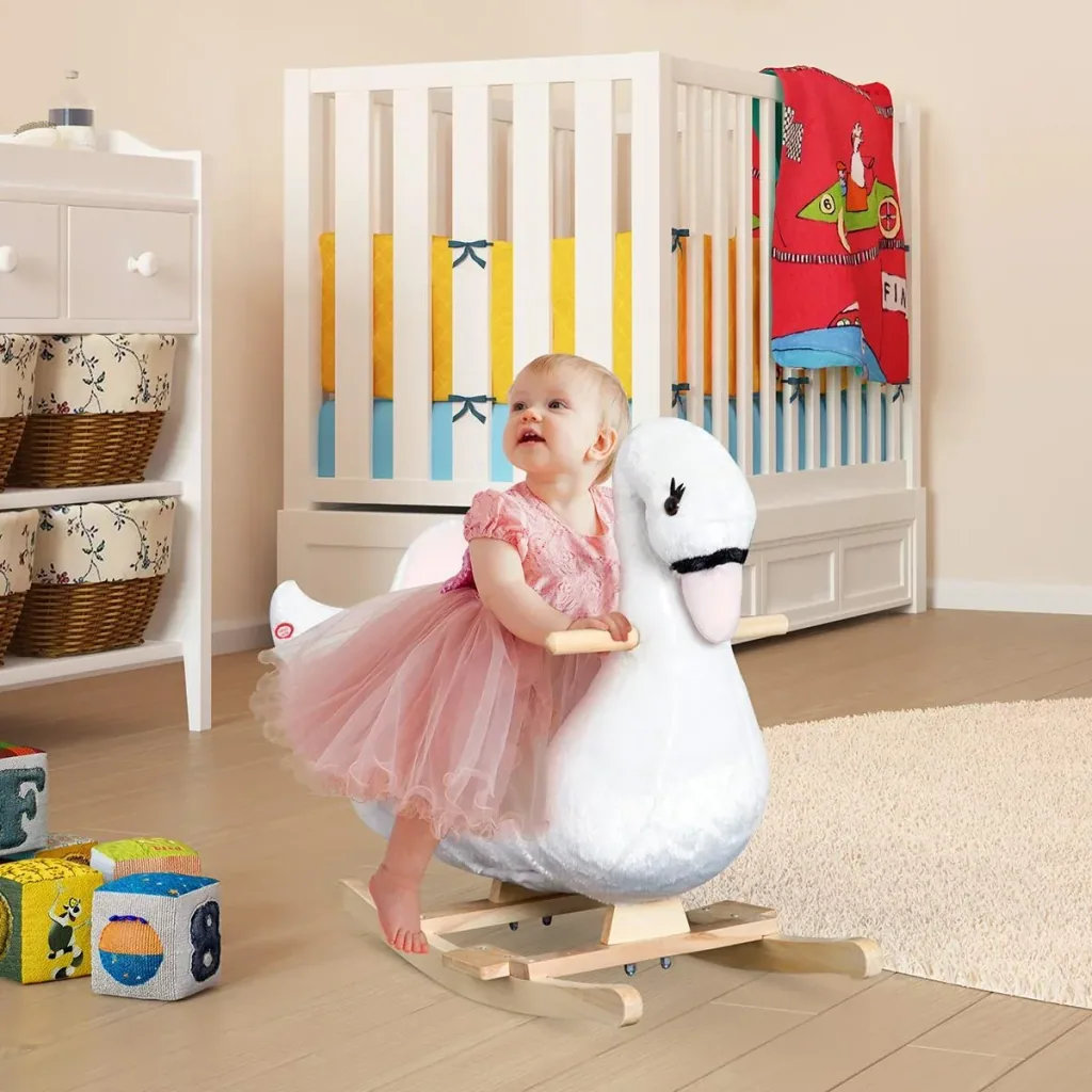 Kinder Schaukelpferd Baby Schaukeltier Schwan mit Musik Spielzeug Haltegriffe ab 18 Monate Plüsch Rosa+Weiß 60x32x55 cm
