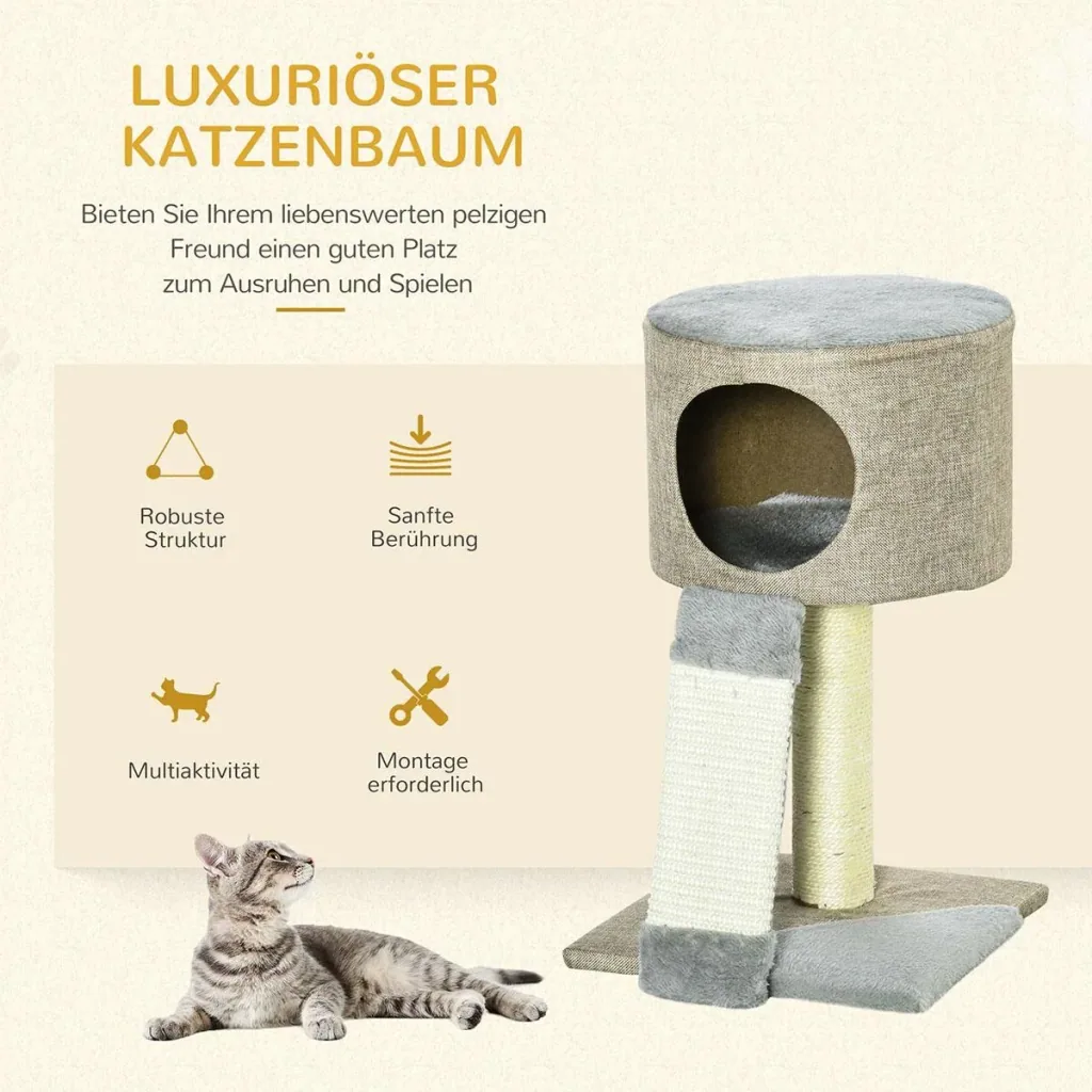Kratzbaum Katzenbaum Kletterbaum für Katzen Katzenkiste mit Katzenball Grau 30 x 30 x 50 cm