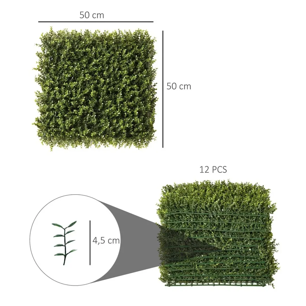 12 Stück künstliches Pflanzenwand Hecke 50x50 cm UV-Schutz Sichtschutz Schwimmer Gras Design Heckenpflanze für Garten Ou