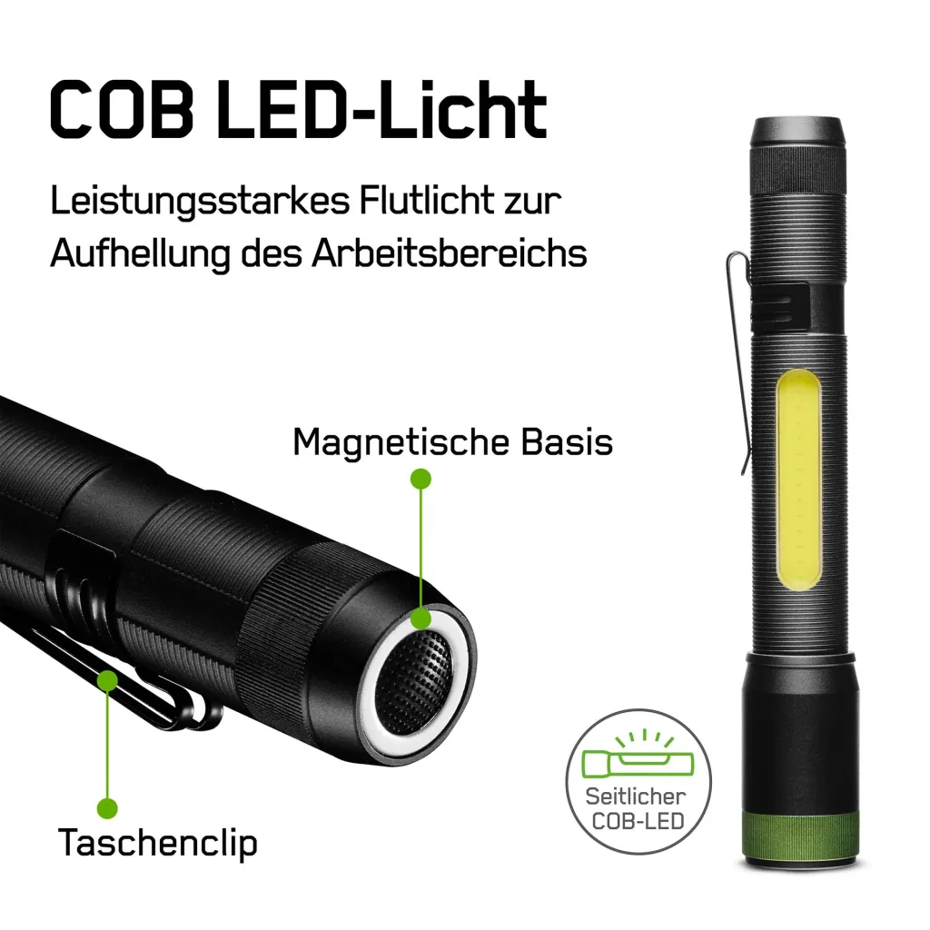 DISCOVERY Clip Arbeitsleuchte mit zusätzlicher, seitlicher COB Lichtleiste und Magnetbefestigung, 180 Lumen, IPX4