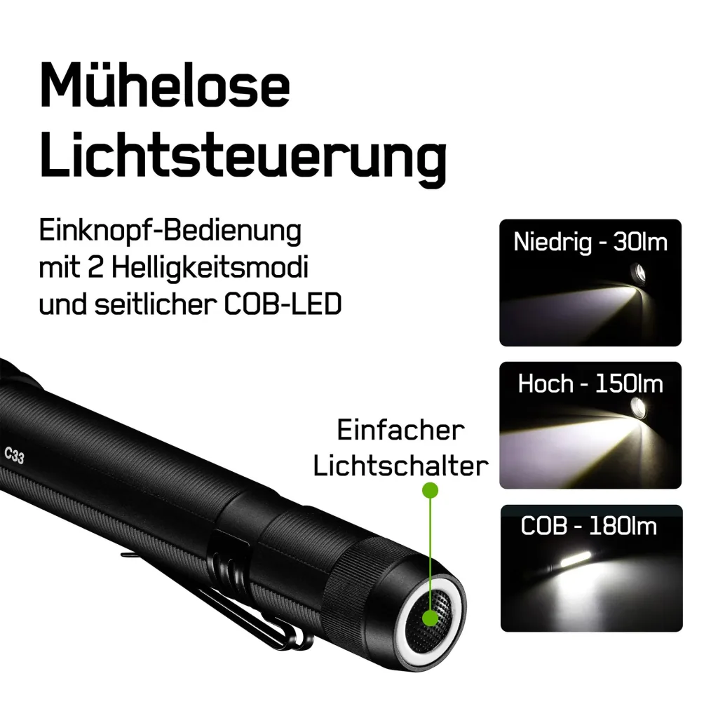 DISCOVERY Clip Arbeitsleuchte mit zusätzlicher, seitlicher COB Lichtleiste und Magnetbefestigung, 180 Lumen, IPX4