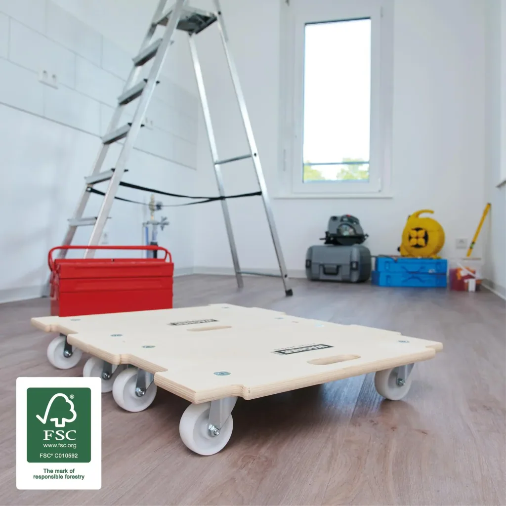 Transporthilfe MM 1382, 59 x 39 x 11 cm, kombinierbar, harte Rollen Ø 75 mm, Rollenlager, Birke FSC®, Tragkraft 250 kg