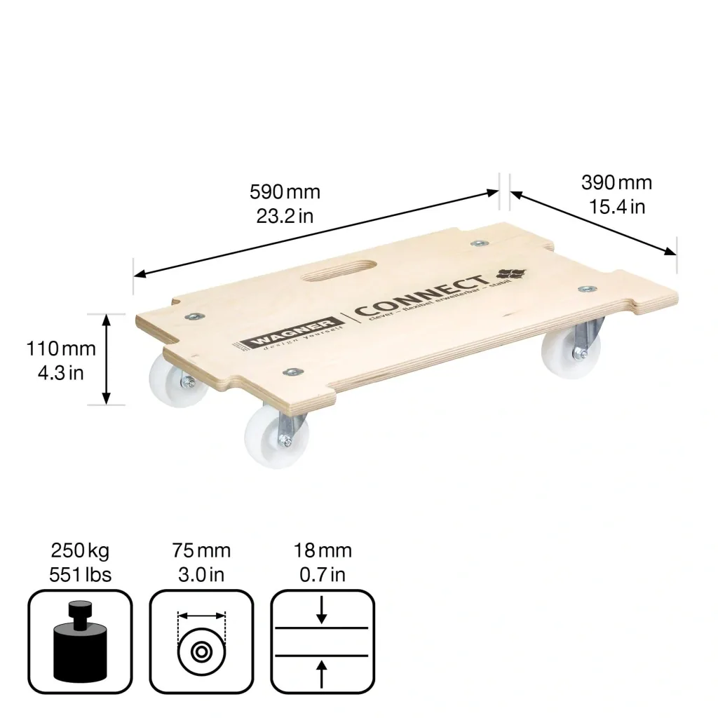 Transporthilfe MM 1382, 59 x 39 x 11 cm, kombinierbar, harte Rollen Ø 75 mm, Rollenlager, Birke FSC®, Tragkraft 250 kg