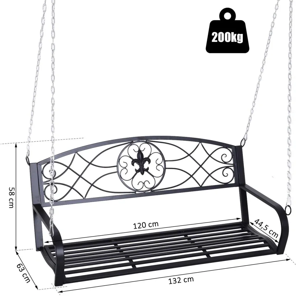 Hängebank 2-Sitzer Gartenschaukel Schaukelbank Schwebebank mit Ketten Metall Schwarz 132 x 63 x 58 cm